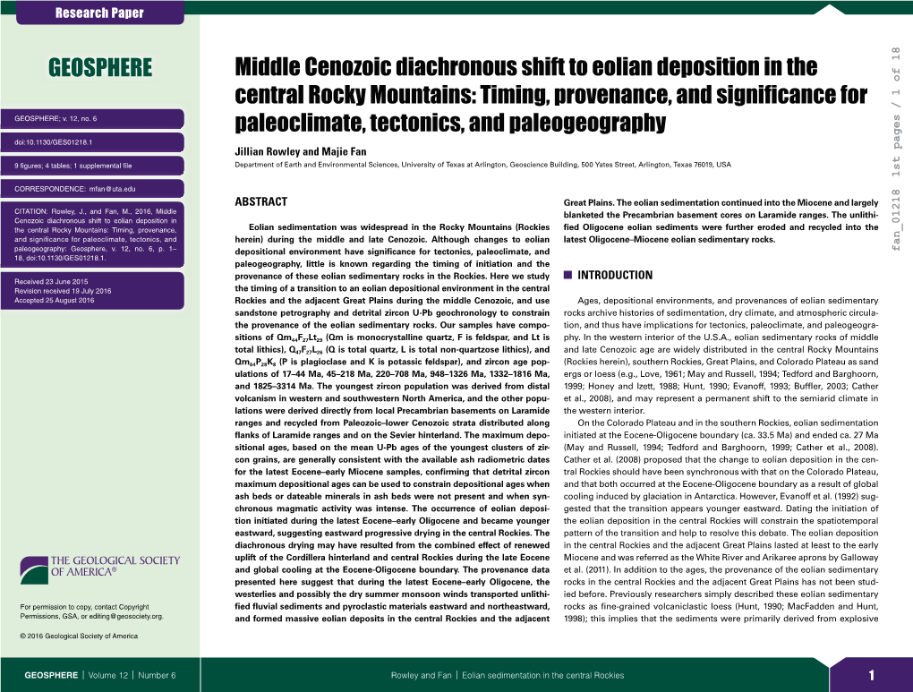 Middle Cenozoic Diachronous Shift to Eolian Deposition in the FHQWUDO5RFN\0RXQWDLQV7LPLQJSURYHQDQFHDQGVLJQLÀFDQFHIRU GEOSPHERE; V