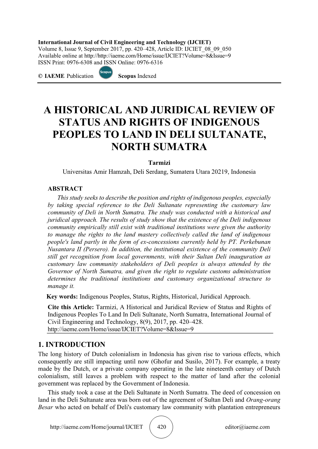 A Historical and Juridical Review of Status and Rights of Indigenous Peoples to Land in Deli Sultanate, North Sumatra