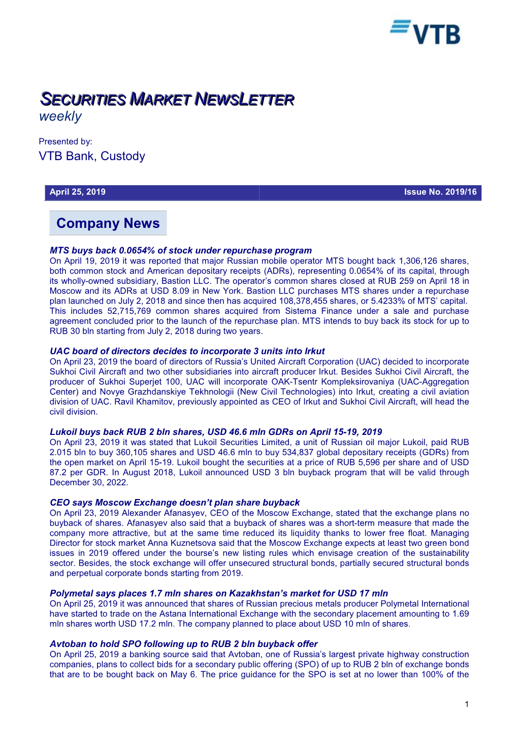 Company News SECURITIES MARKET NEWS LETTER Weekly