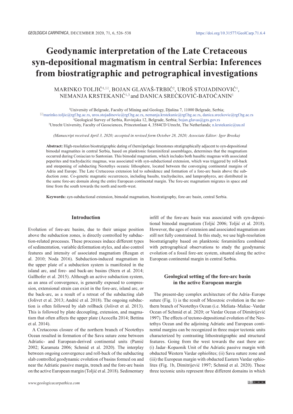 Geodynamic Interpretation of the Late Cretaceous Syn-Depositional Magmatism in Central Serbia: Inferences from Biostratigraphic and Petrographical Investigations