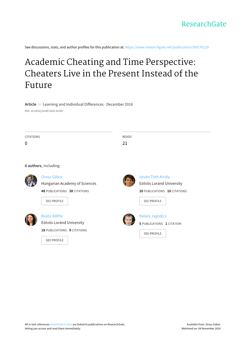 Academic Cheating and Time Perspective: Cheaters Live in the Present Instead of the Future