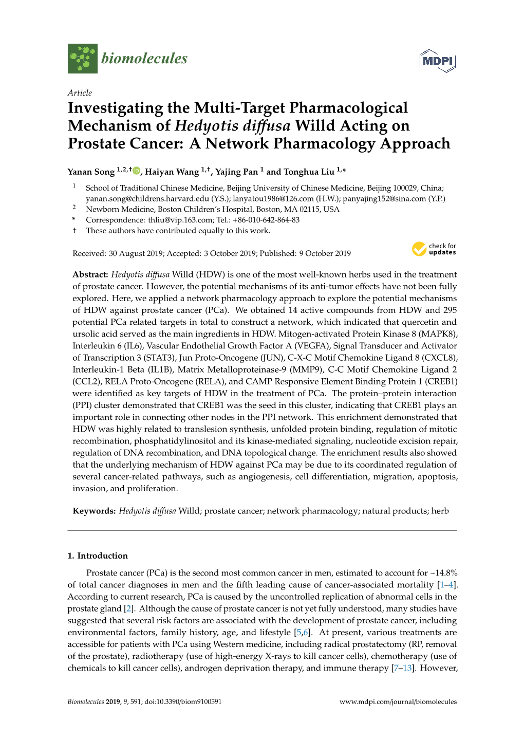 Investigating the Multi-Target Pharmacological Mechanism of Hedyotis Diﬀusa Willd Acting on Prostate Cancer: a Network Pharmacology Approach