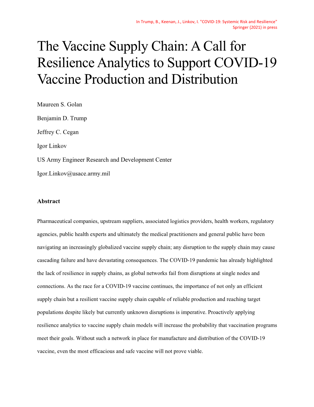 The Vaccine Supply Chain: a Call for Resilience Analytics to Support COVID-19 Vaccine Production and Distribution