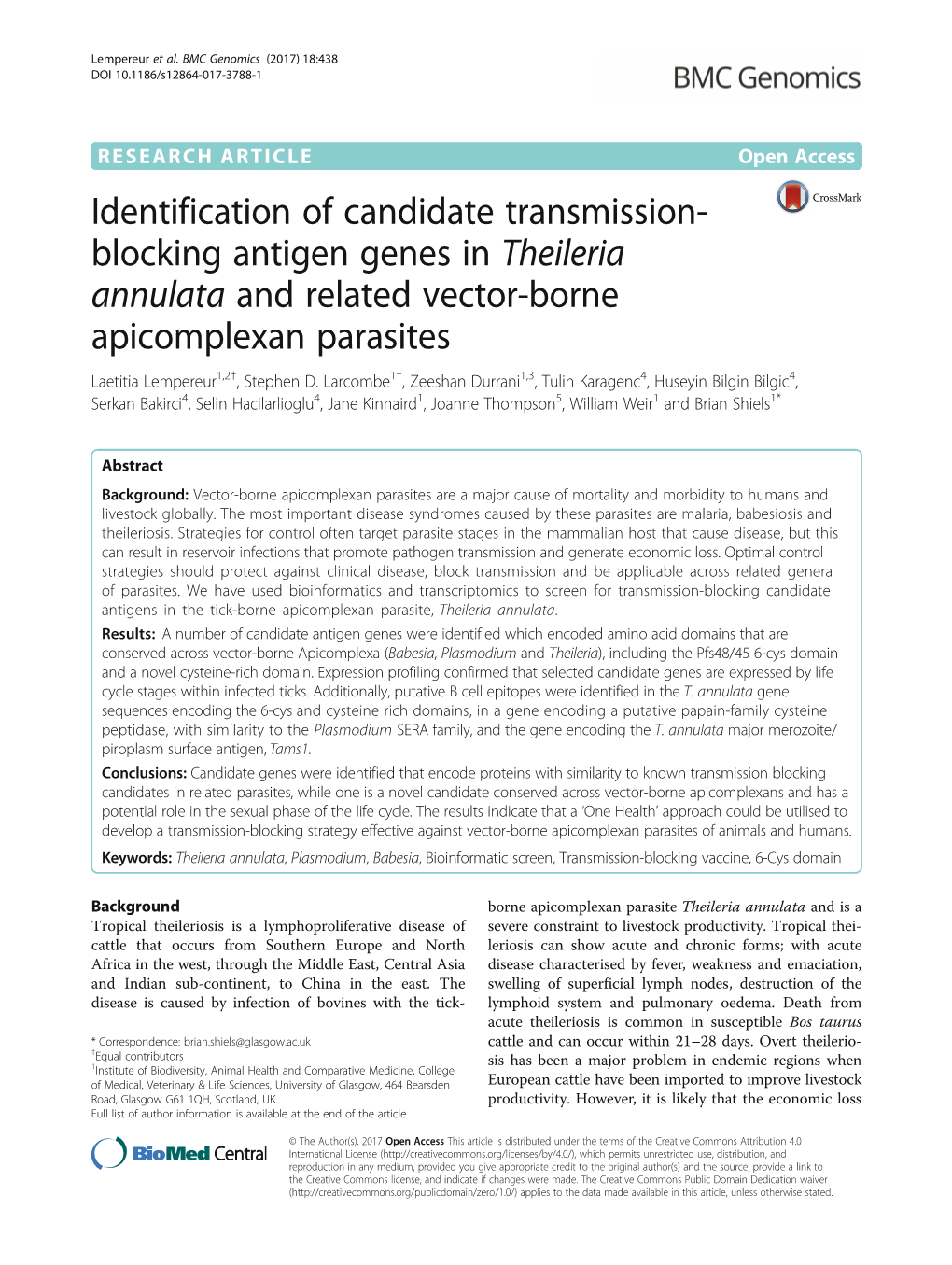 Blocking Antigen Genes in Theileria Annulata and Related Vector-Borne Apicomplexan Parasites Laetitia Lempereur1,2†, Stephen D