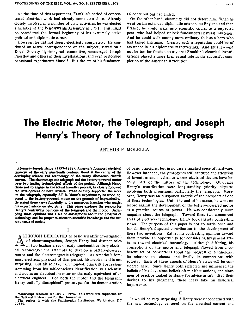 The Electric Motor, the Telegraph, and Joseph Henry's Theory of Technological Progress