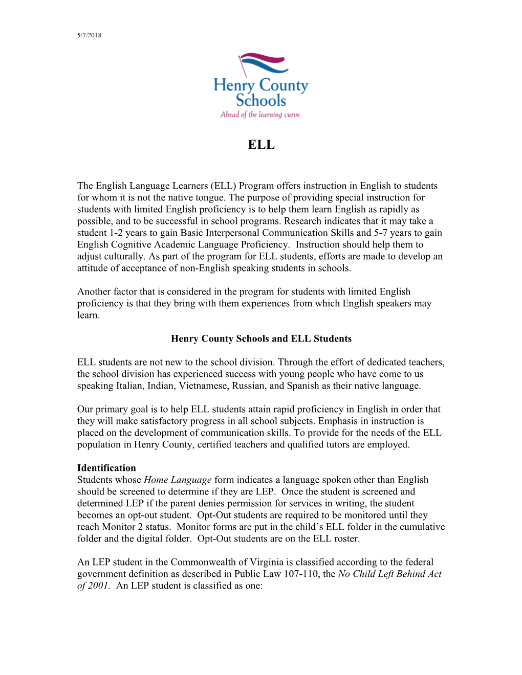 Henry County Schools and ELL Students