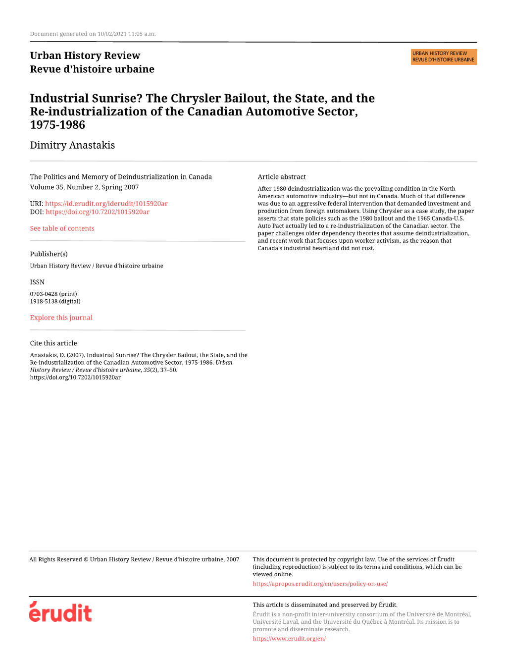 The Chrysler Bailout, the State, and the Re-Industrialization of the Canadian Automotive Sector, 1975-1986 Dimitry Anastakis