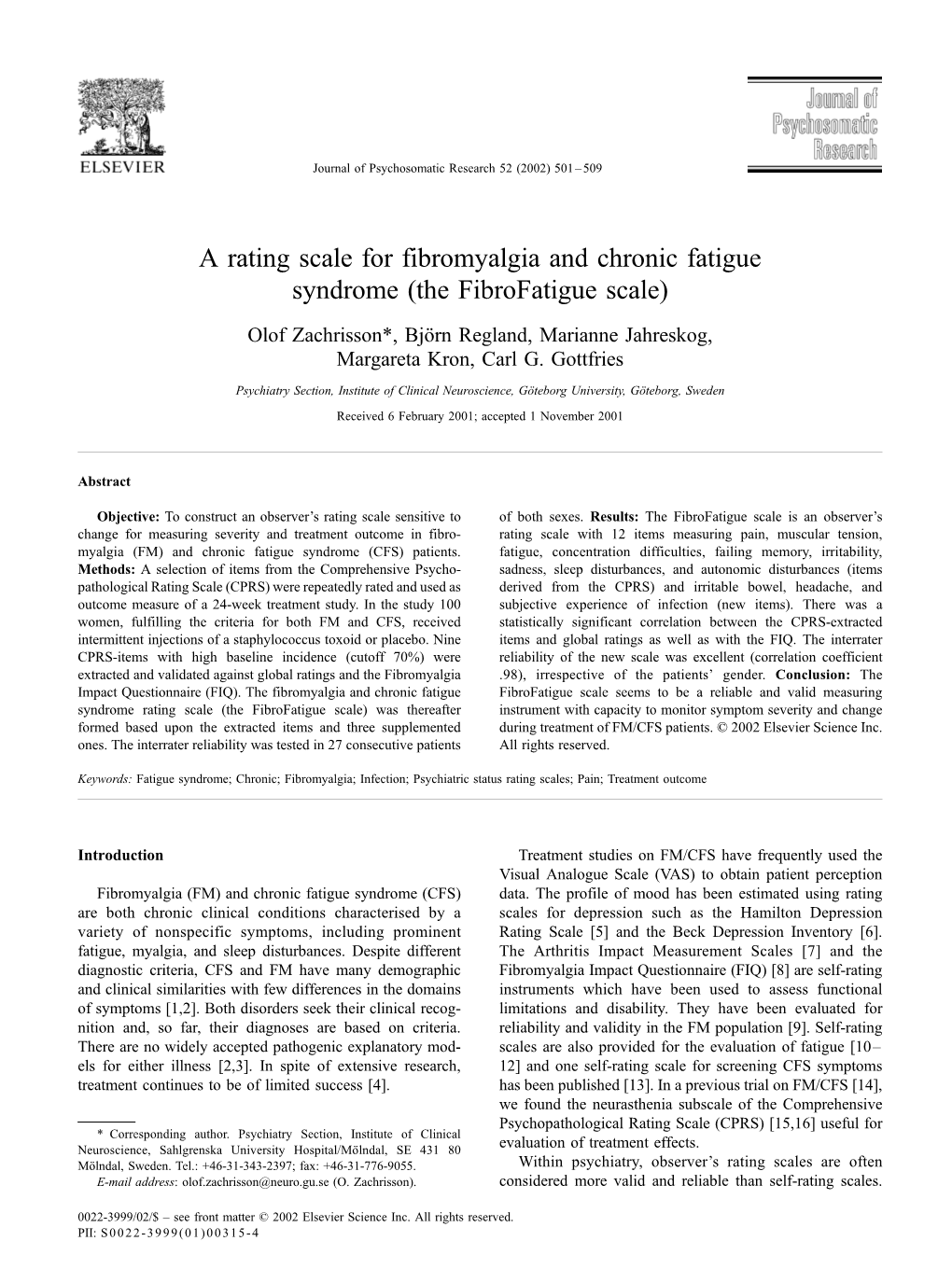 A Rating Scale for Fibromyalgia and Chronic Fatigue Syndrome (The Fibrofatigue Scale)