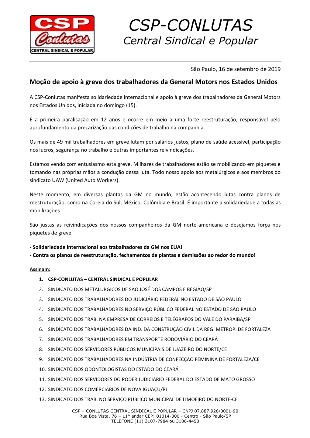 Carta Aberta Da Conlutas Sobre a Ameaça De Demissões Na Volks E GM