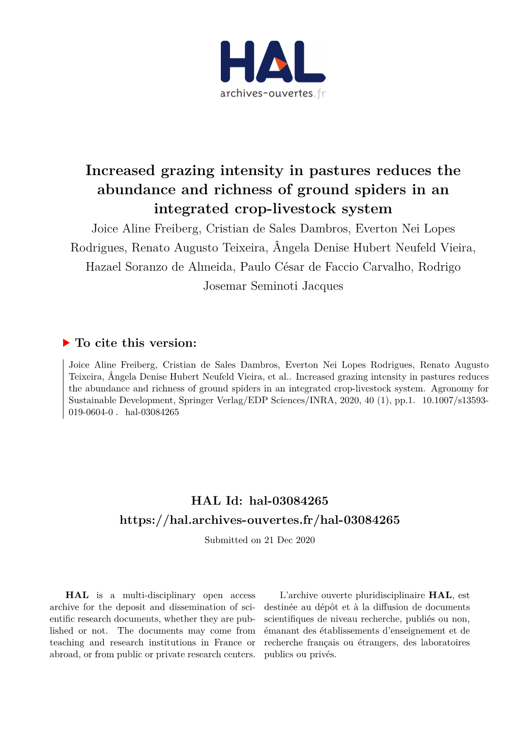 Increased Grazing Intensity in Pastures Reduces the Abundance And