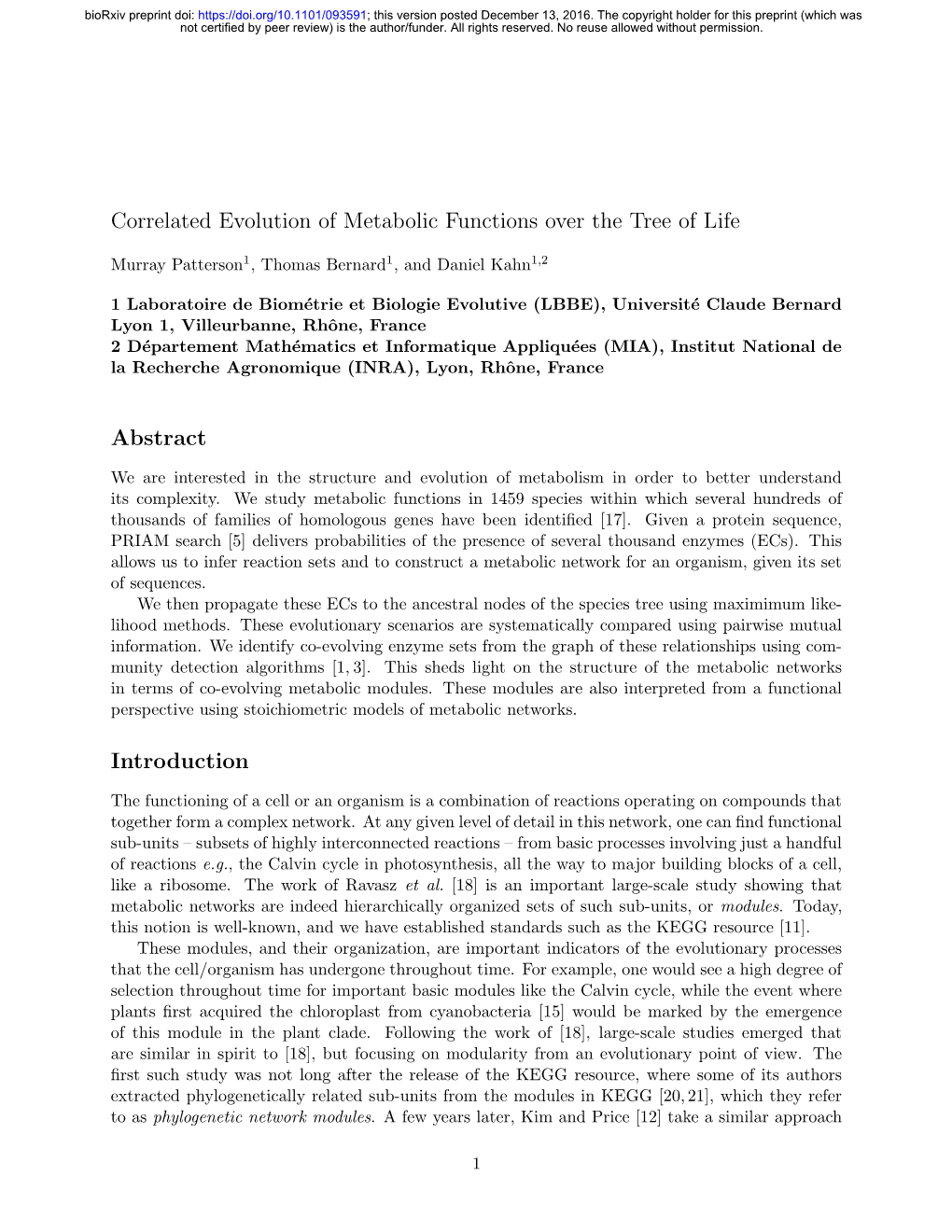 Correlated Evolution of Metabolic Functions Over the Tree of Life