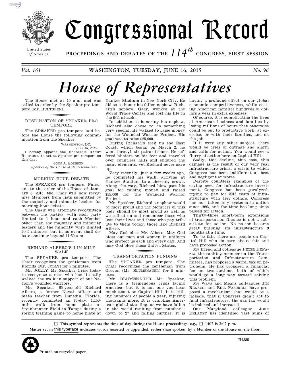 Congressional Record United States Th of America PROCEEDINGS and DEBATES of the 114 CONGRESS, FIRST SESSION