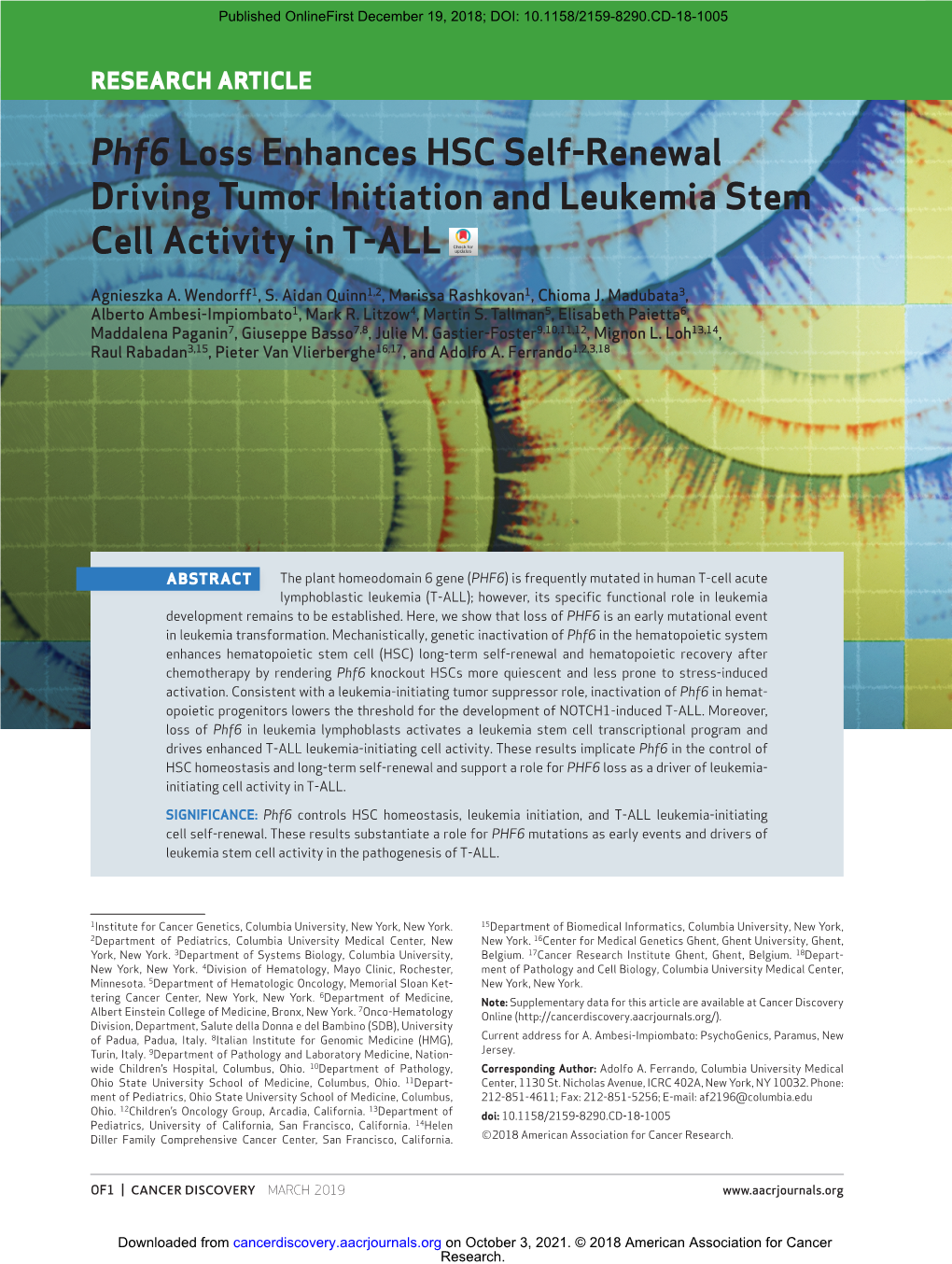 Phf6 Loss Enhances HSC Self-Renewal Driving Tumor Initiation and Leukemia Stem Cell Activity in T-ALL