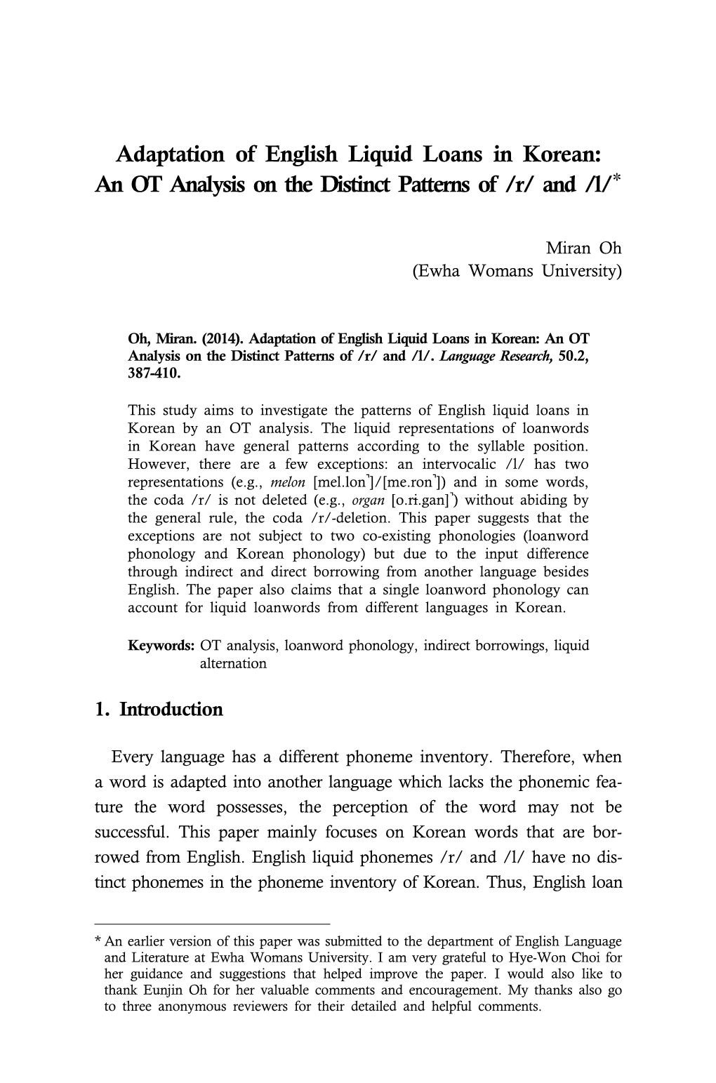 Adaptation of English Liquid Loans in Korean