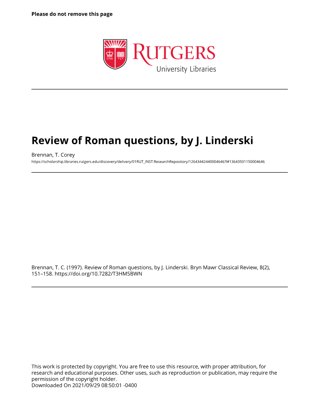 Review of Roman Questions, by J. Linderski