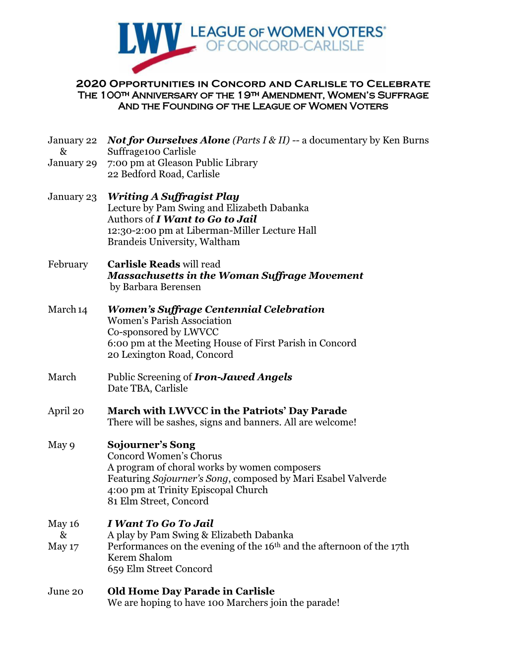 2020 Opportunities in Concord and Carlisle to Celebrate the 100Th Anniversary of the 19Th Amendment, Women’S Suffrage and the Founding of the League of Women Voters