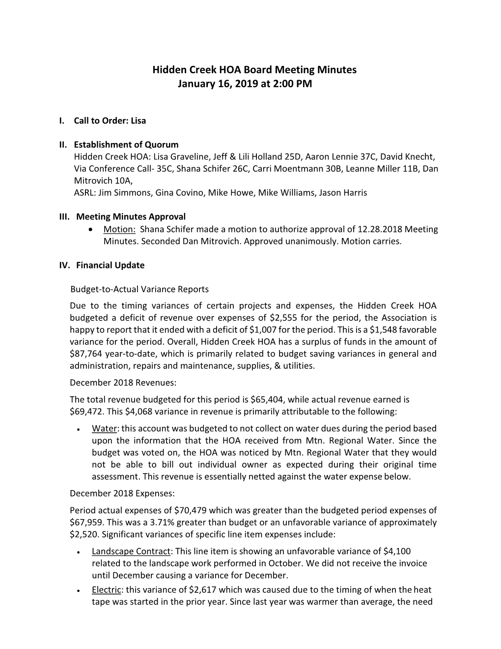 Hidden Creek HOA Board Meeting Minutes January 16, 2019 at 2:00 PM