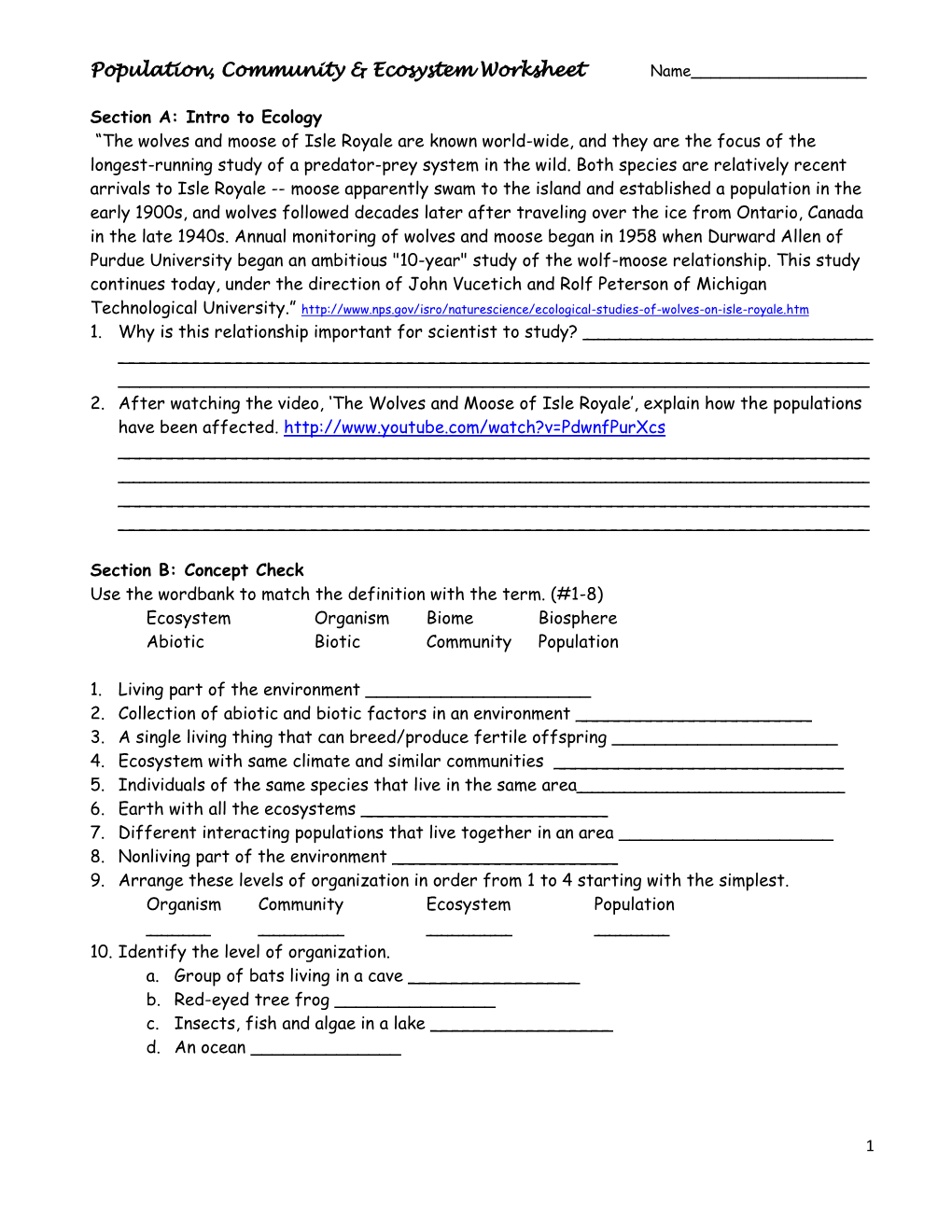 Population, Community & Ecosystem Worksheet