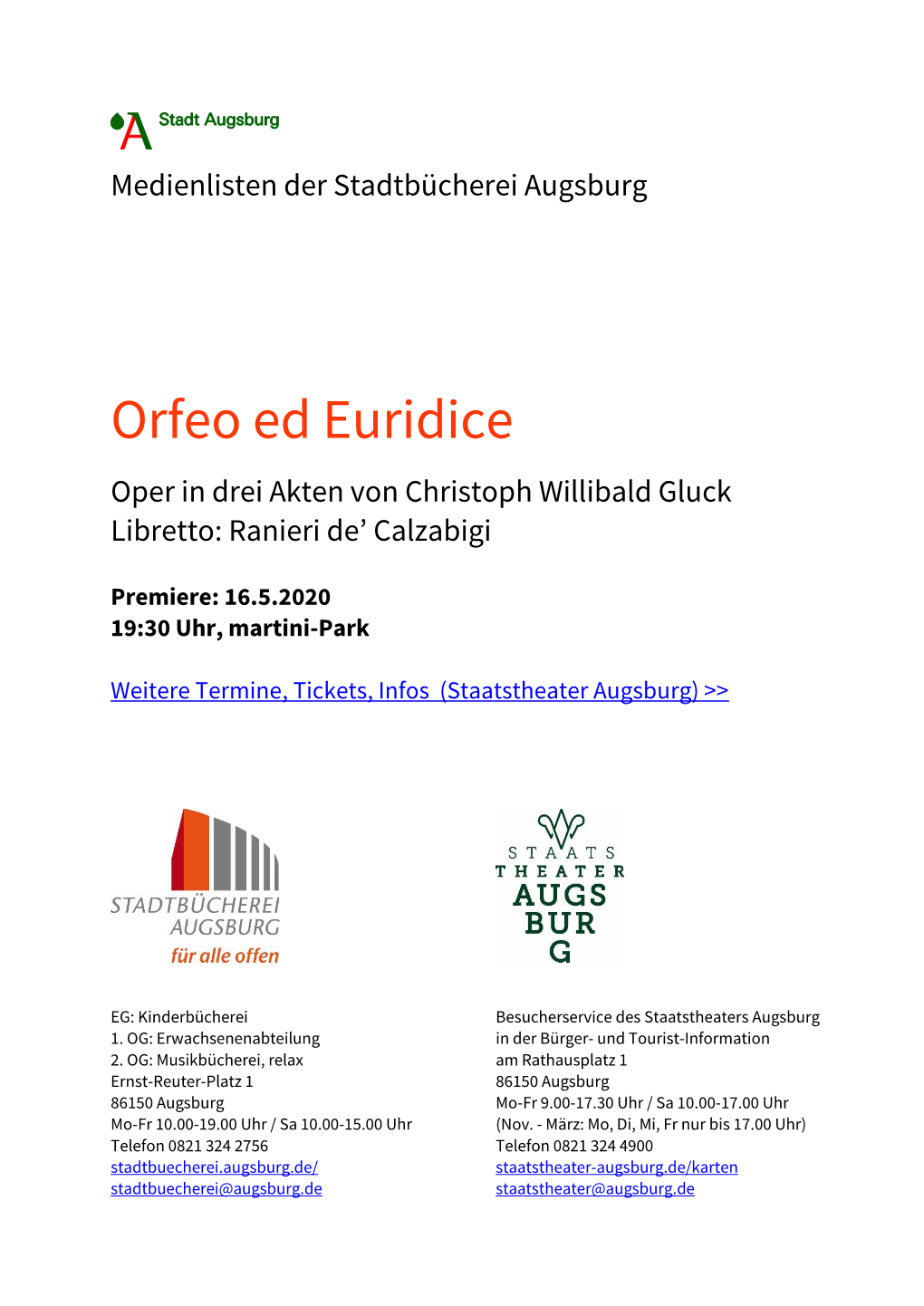 Orfeo Ed Euridice Oper in Drei Akten Von Christoph Willibald Gluck Libretto: Ranieri De’ Calzabigi