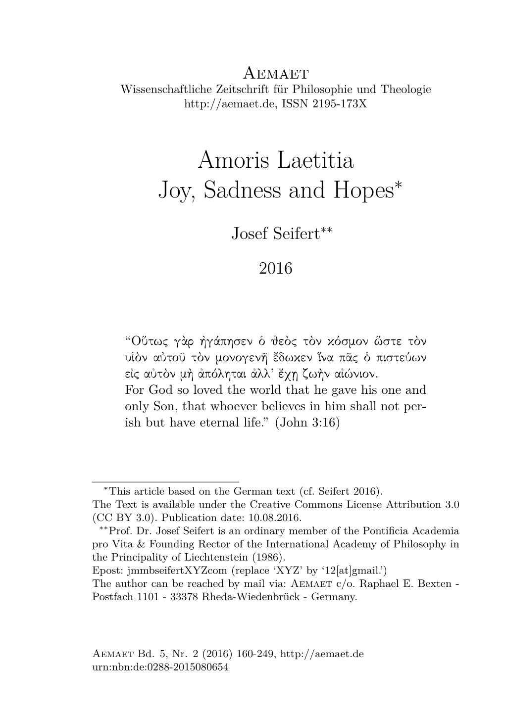 Amoris Laetitia: Joy, Sadness and Hopes 161