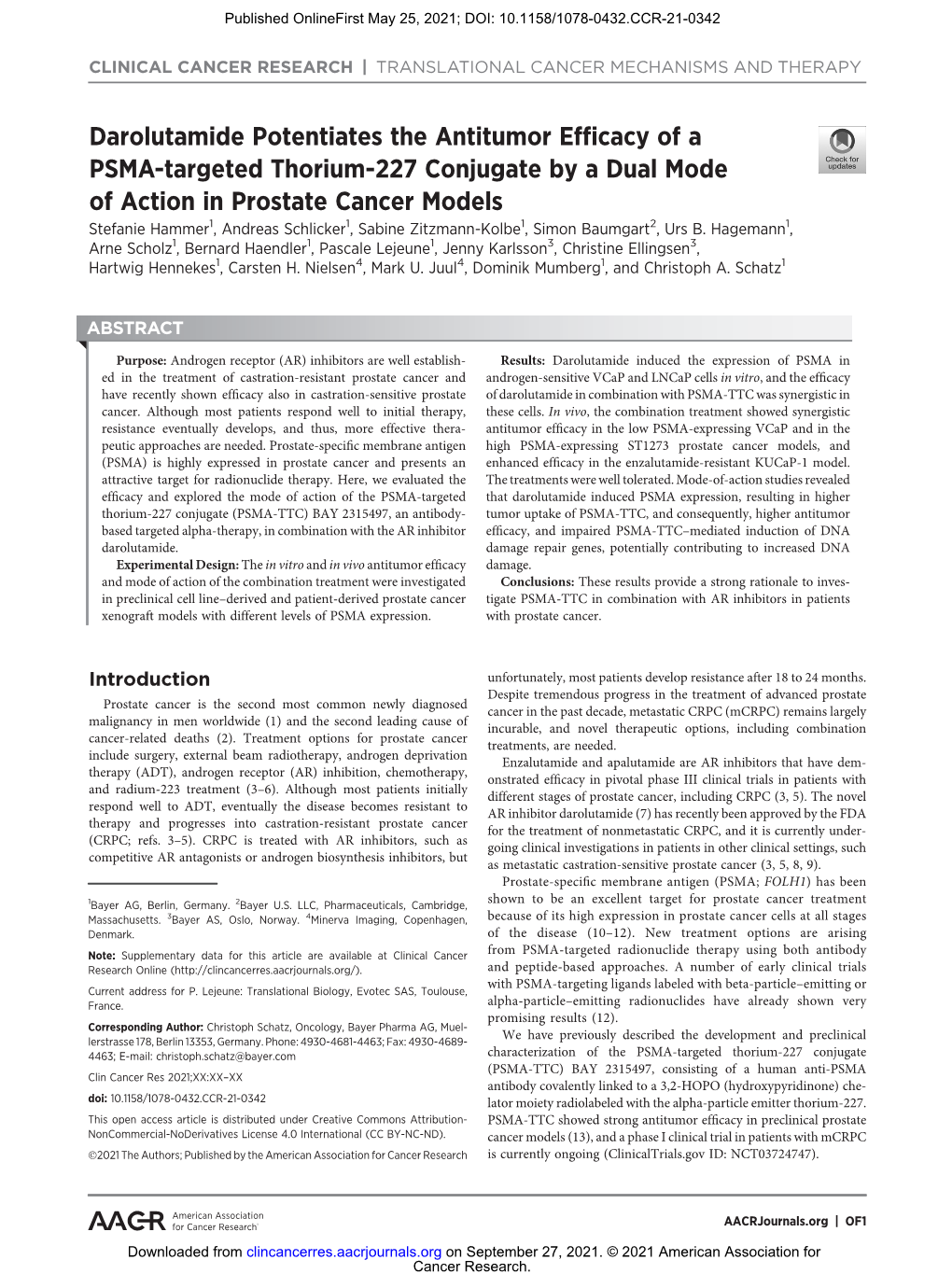 Darolutamide Potentiates the Antitumor Efficacy of a PSMA-Targeted Thorium-227 Conjugate by a Dual Mode of Action in Prostate Cancer Models