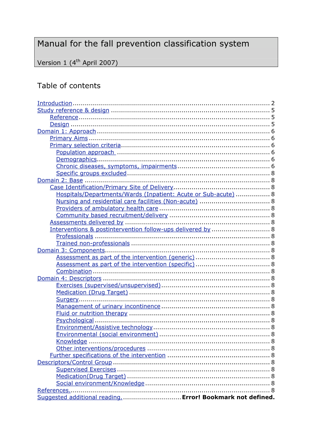 Manual for the Fall Prevention Classification System