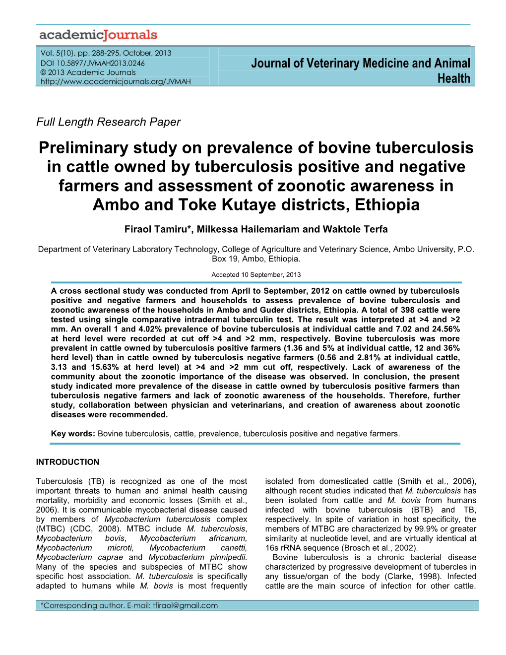 Preliminary Study on Prevalence of Bovine Tuberculosis in Cattle Owned