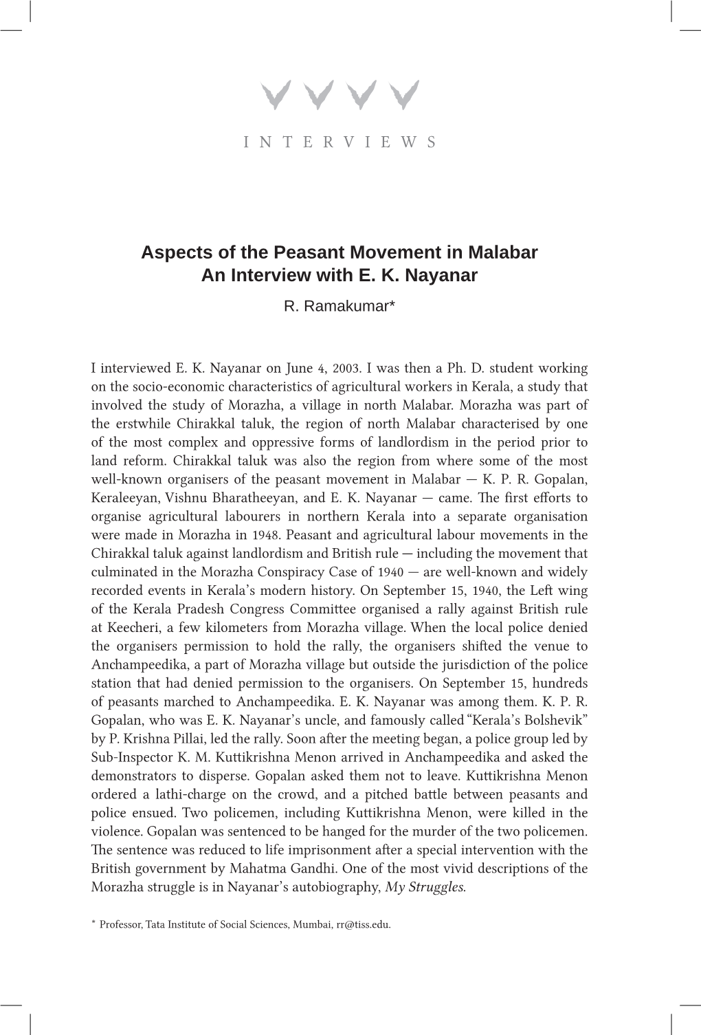 Aspects of the Peasant Movement in Malabar an Interview with E. K. Nayanar R