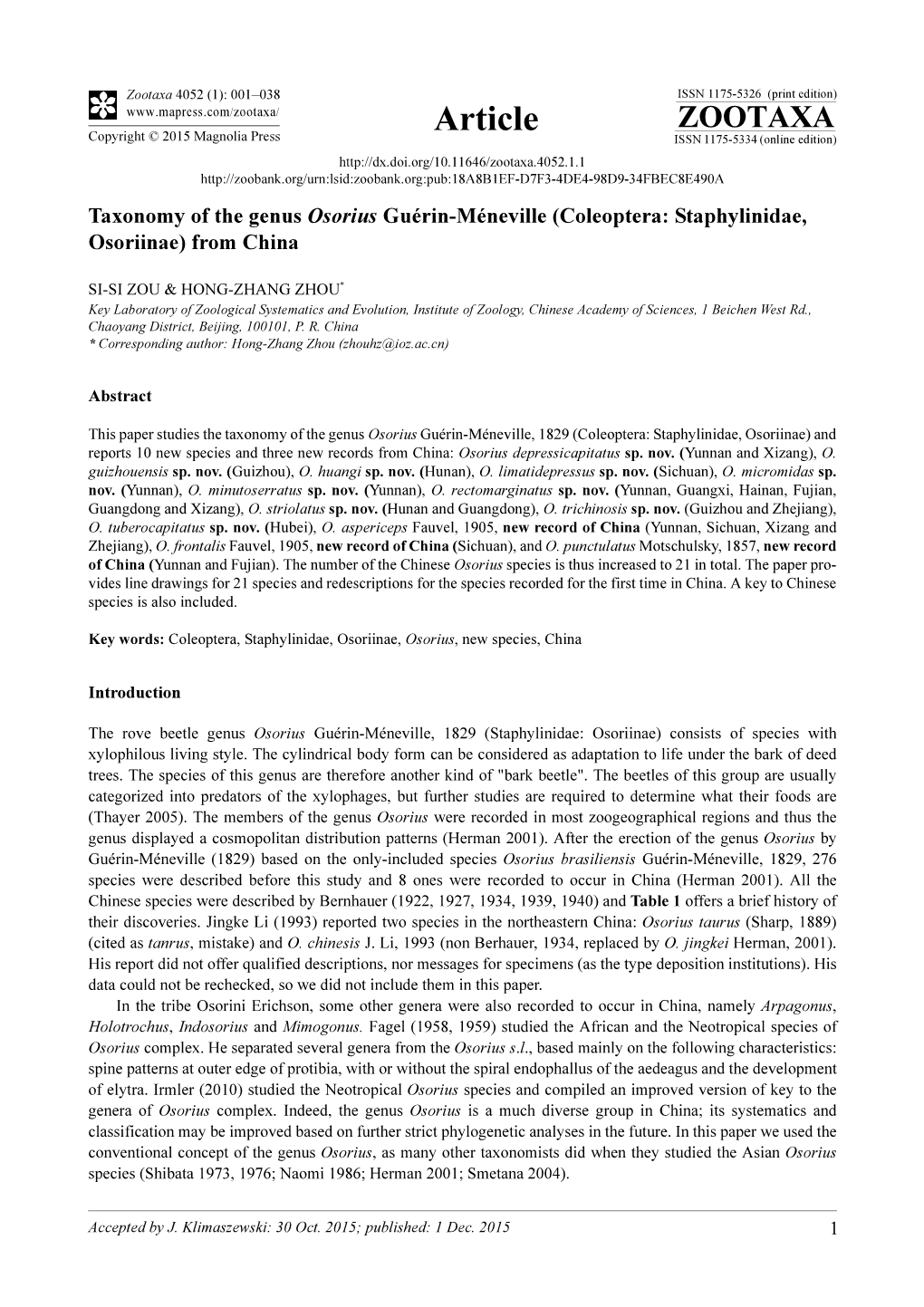 Taxonomy of the Genus Osorius Guérin-Méneville (Coleoptera: Staphylinidae, Osoriinae) from China