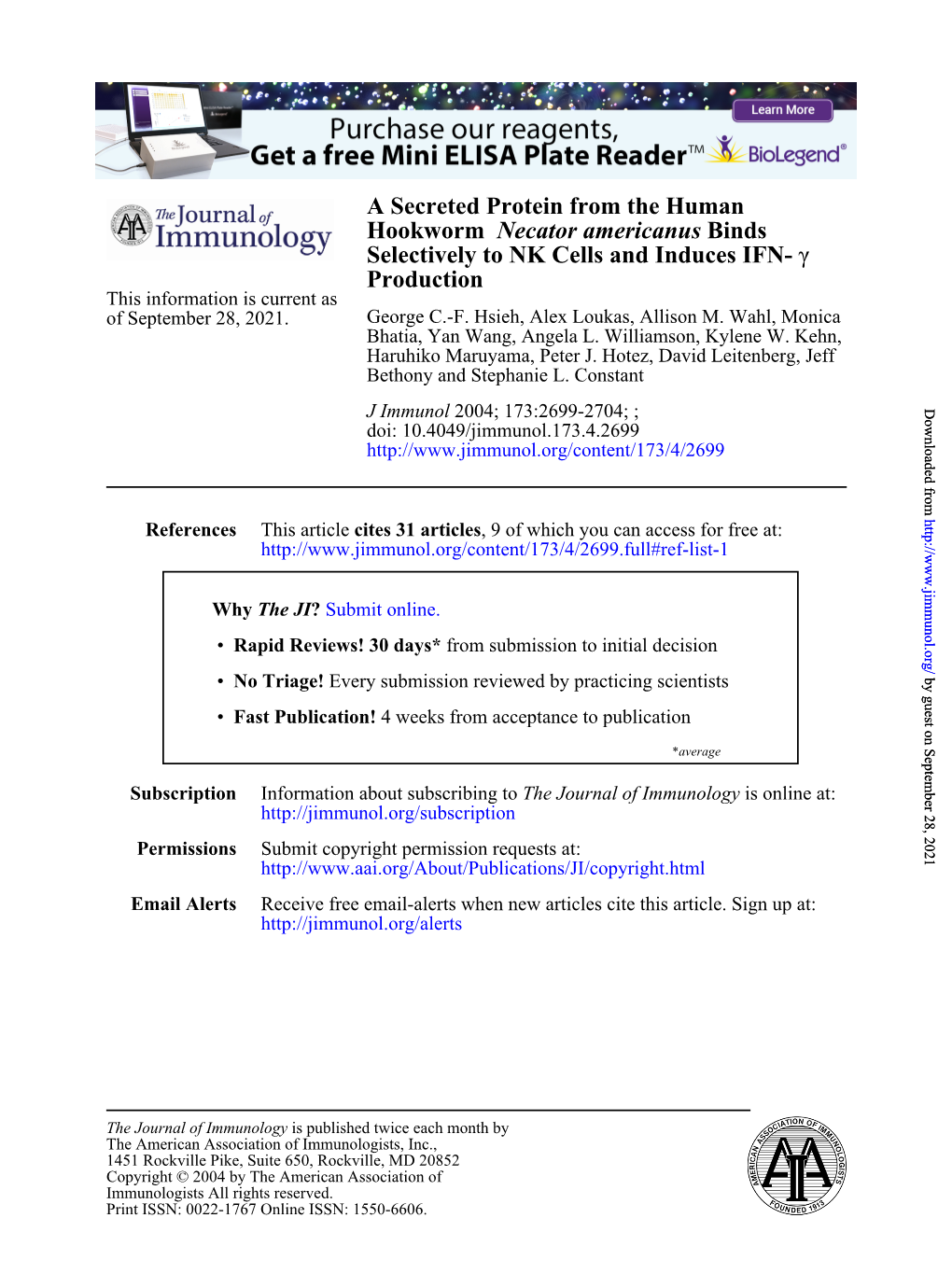 A Secreted Protein from the Human Hookworm Necator Americanus