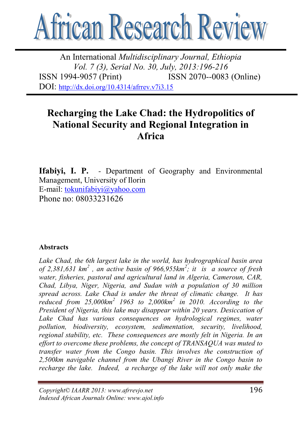 Recharging the Lake Chad: the Hydropolitics of National Security and Regional Integration in Africa