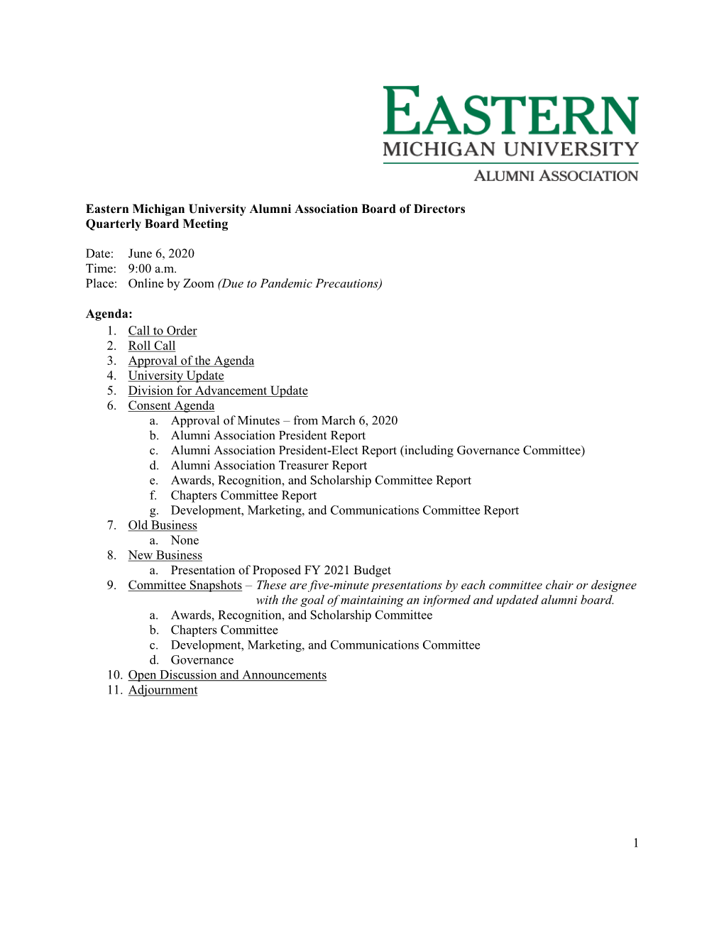 Eastern Michigan University Alumni Association Board of Directors Quarterly Board Meeting