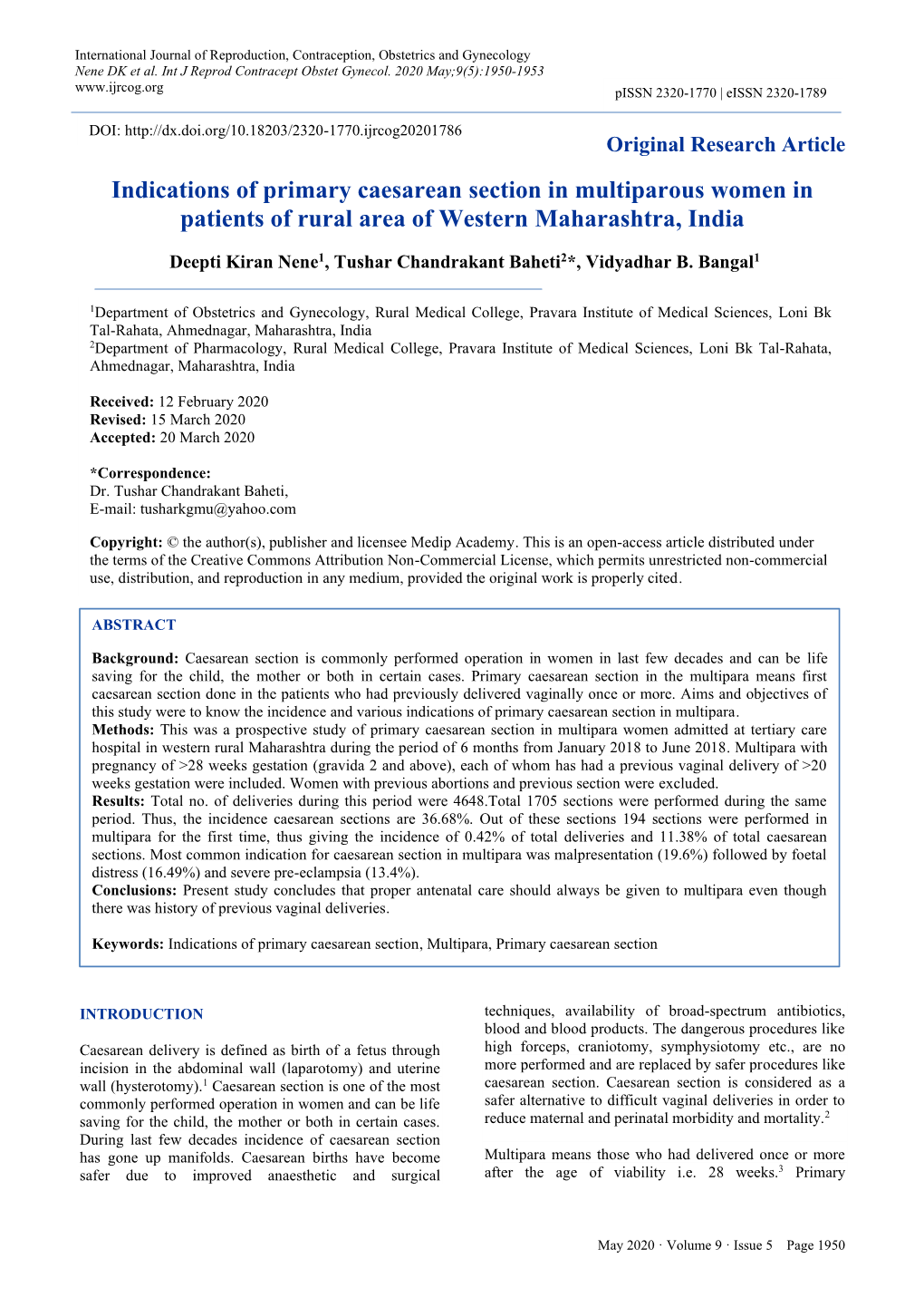 Indications of Primary Caesarean Section in Multiparous Women in Patients of Rural Area of Western Maharashtra, India