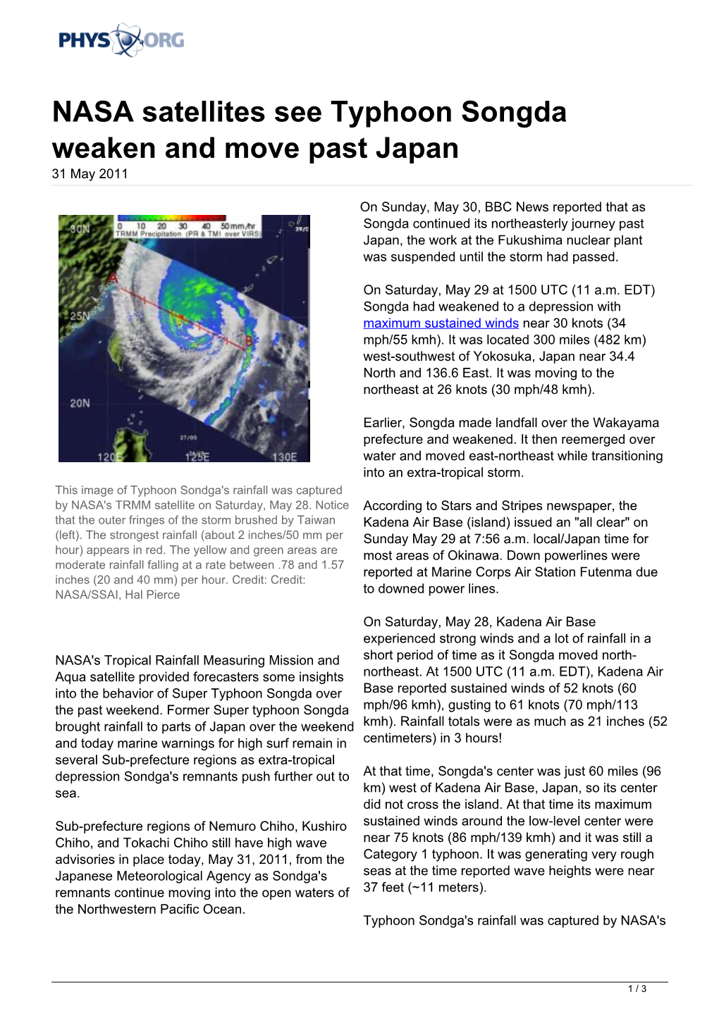 NASA Satellites See Typhoon Songda Weaken and Move Past Japan 31 May 2011