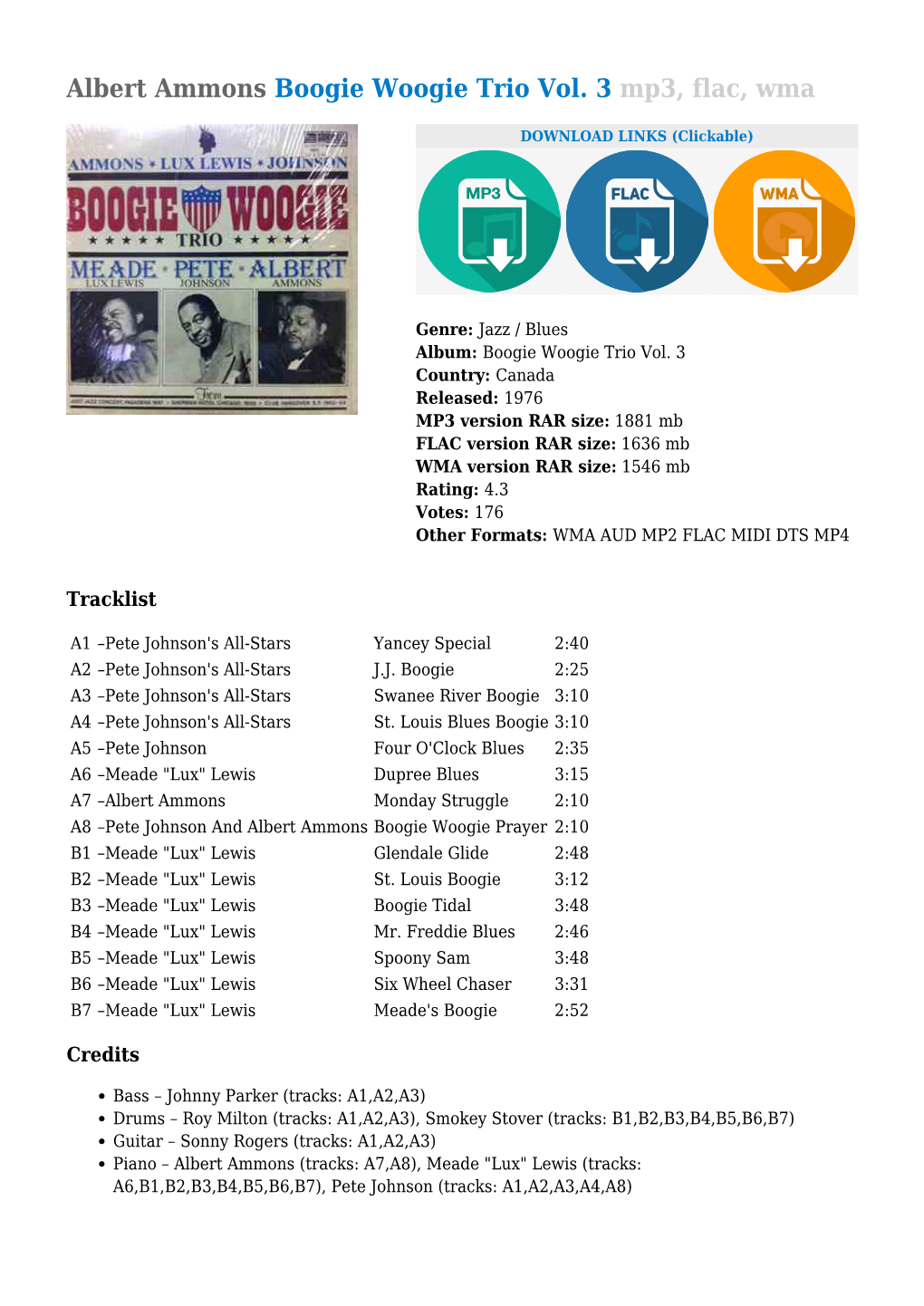 Albert Ammons Boogie Woogie Trio Vol. 3 Mp3, Flac, Wma