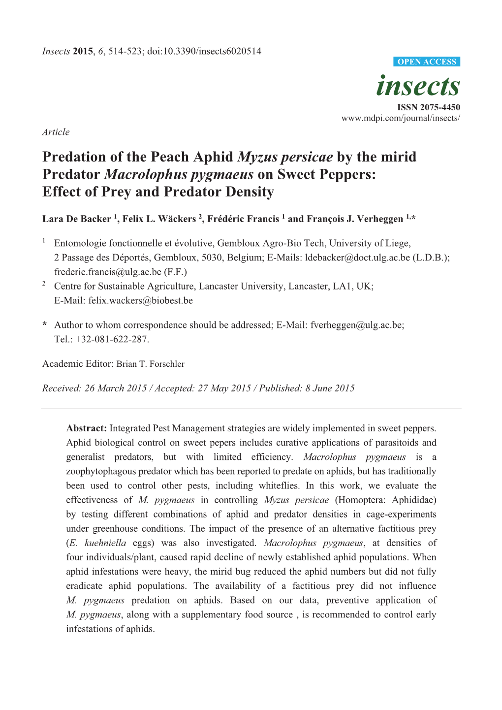 Predation of the Peach Aphid Myzus Persicae by the Mirid Predator Macrolophus Pygmaeus on Sweet Peppers: Effect of Prey and Predator Density