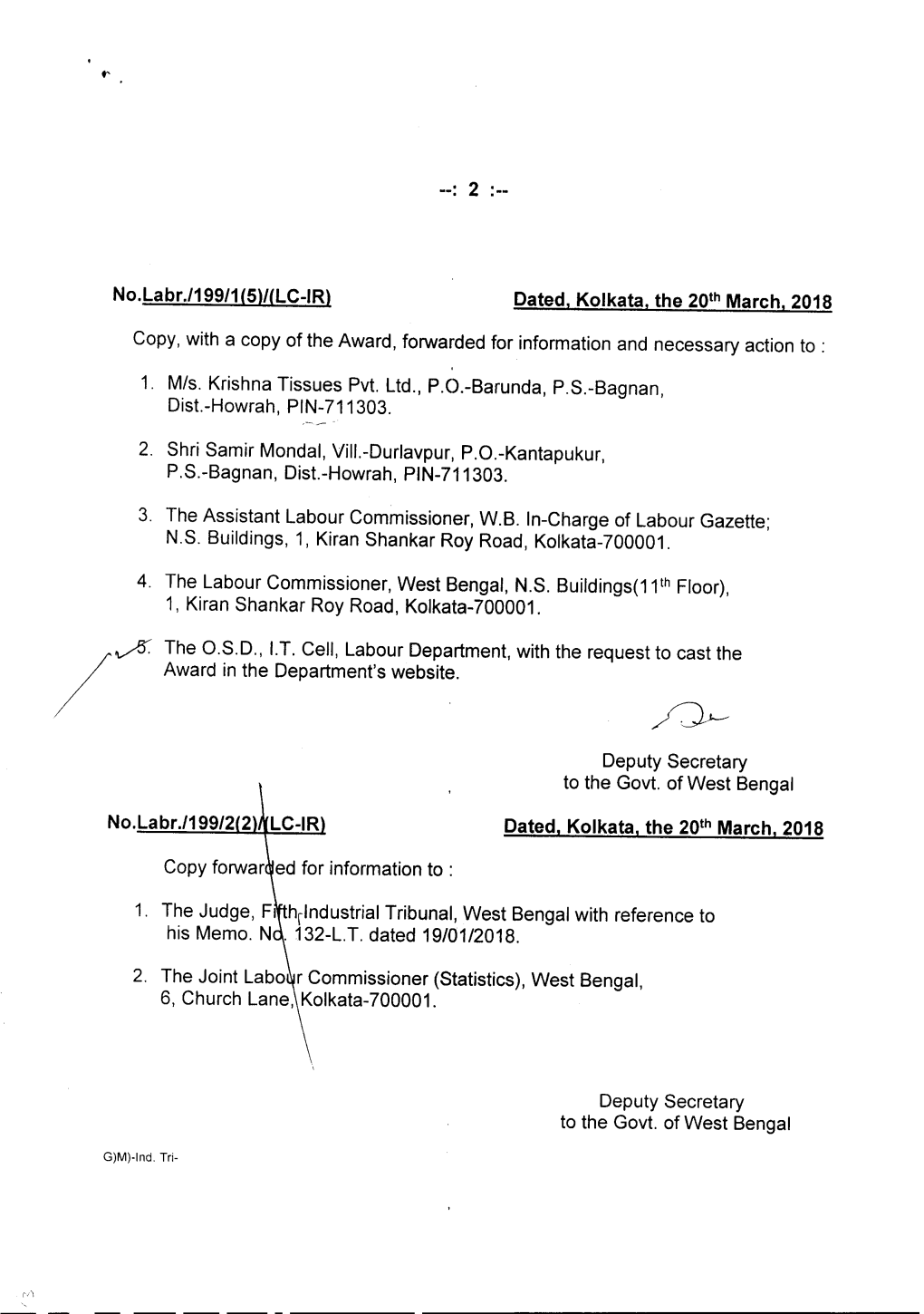 2 No.Labr./199/1 (5)/(LC-IR) Dated. Kolkata. the 20Th March. 2018 Copy