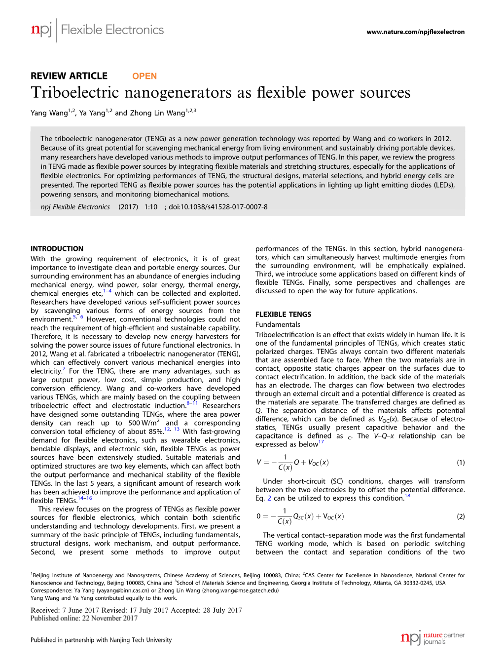 Triboelectric Nanogenerators As Flexible Power Sources