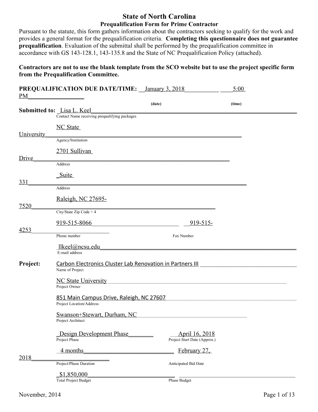 Prequalification Form for Prime Contractor