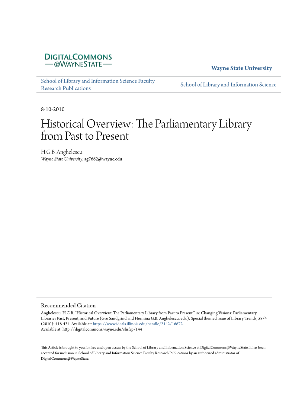 Historical Overview: the Parliamentary Library from Past to Present