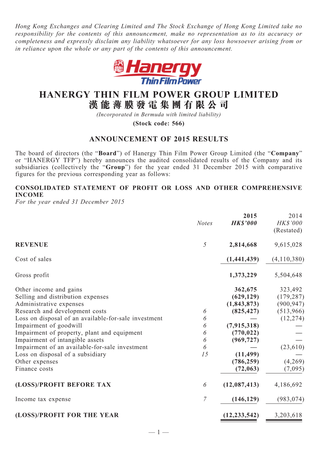 HANERGY THIN FILM POWER GROUP LIMITED 漢 能 薄 膜 發 電 集 團 有 限 公 司 (Incorporated in Bermuda with Limited Liability) (Stock Code: 566)