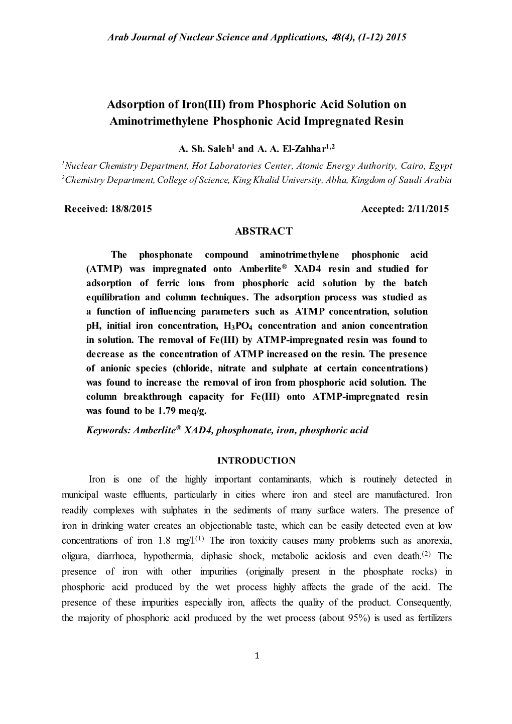 Adsorption of Iron(III) from Phosphoric Acid Solution on Aminotrimethylene Phosphonic Acid Impregnated Resin