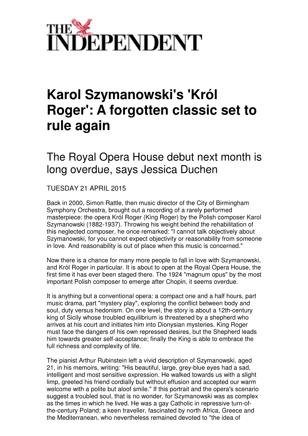 Karol Szymanowski's 'Król Roger': a Forgotten Classic Set to Rule Again