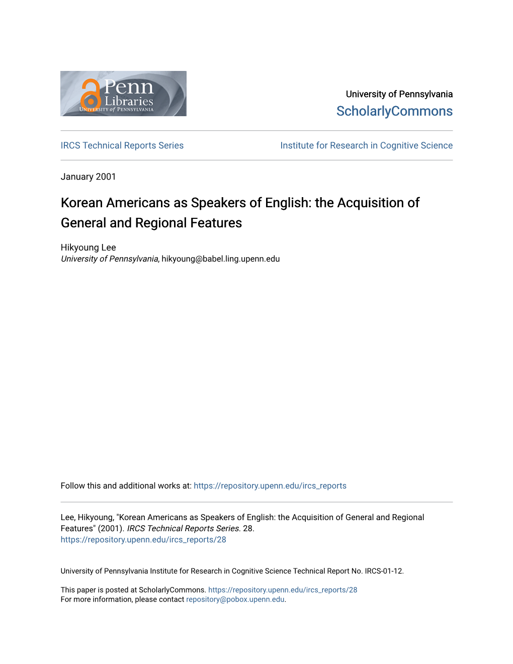 Korean Americans As Speakers of English: the Acquisition of General and Regional Features