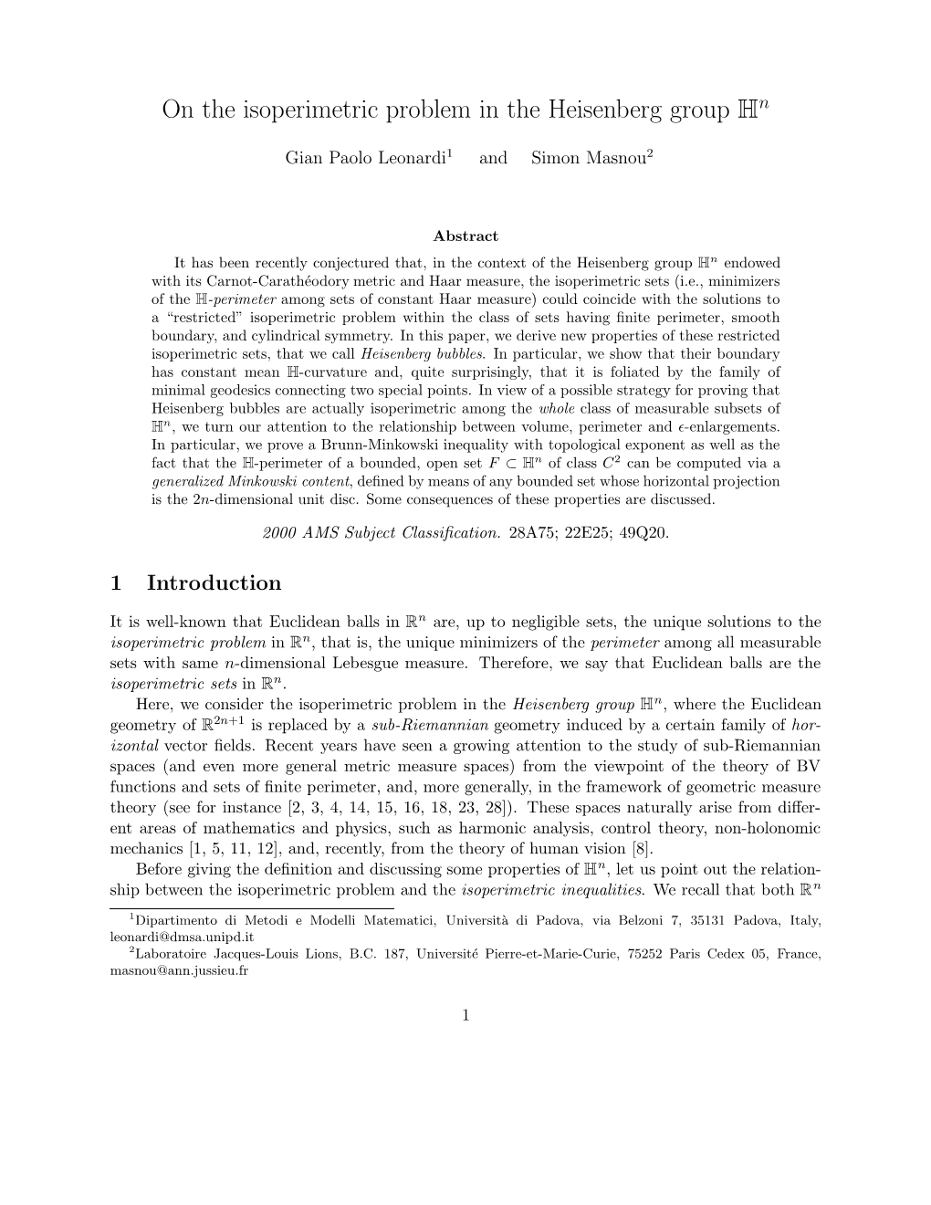 On the Isoperimetric Problem in the Heisenberg Group Hn