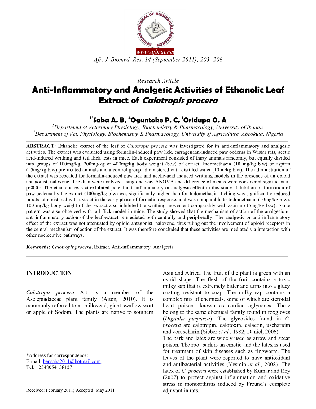 Anti-Inflammatory and Analgesic Activities of Ethanolic Leaf Extract of Calotropis Procera