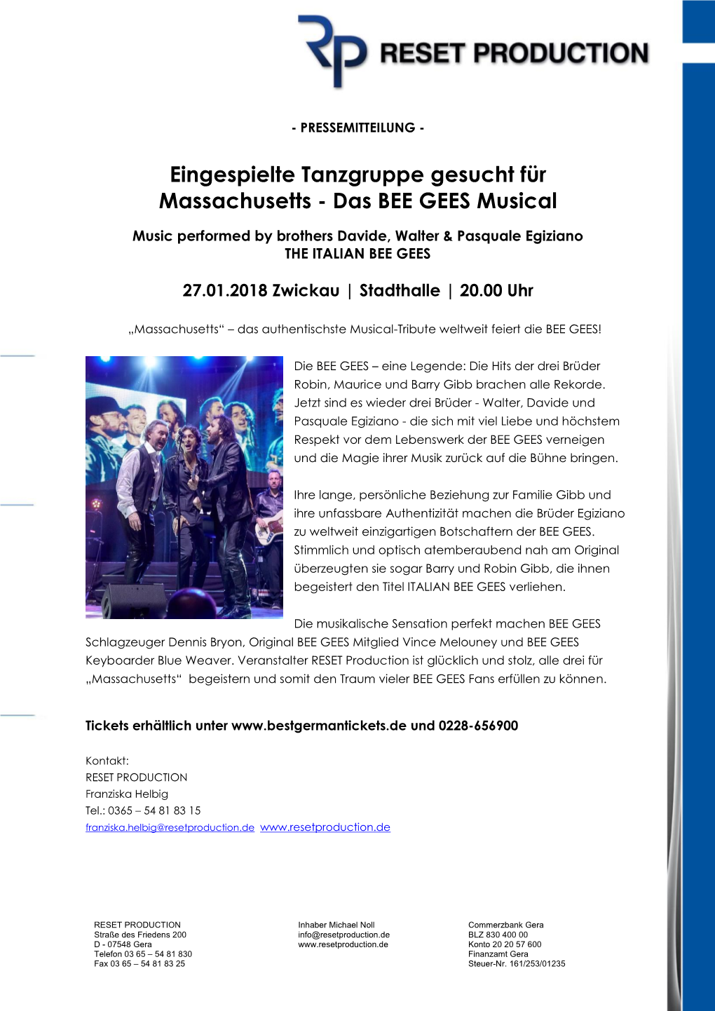 Eingespielte Tanzgruppe Gesucht Für Massachusetts - Das BEE GEES Musical