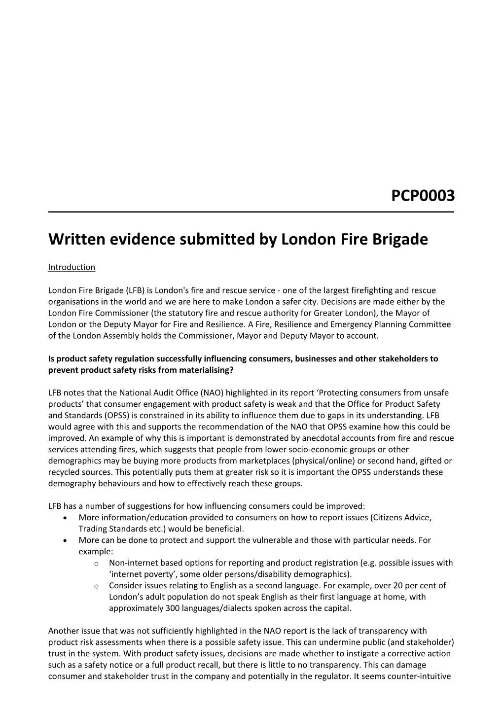 PCP0003 Written Evidence Submitted by London Fire Brigade