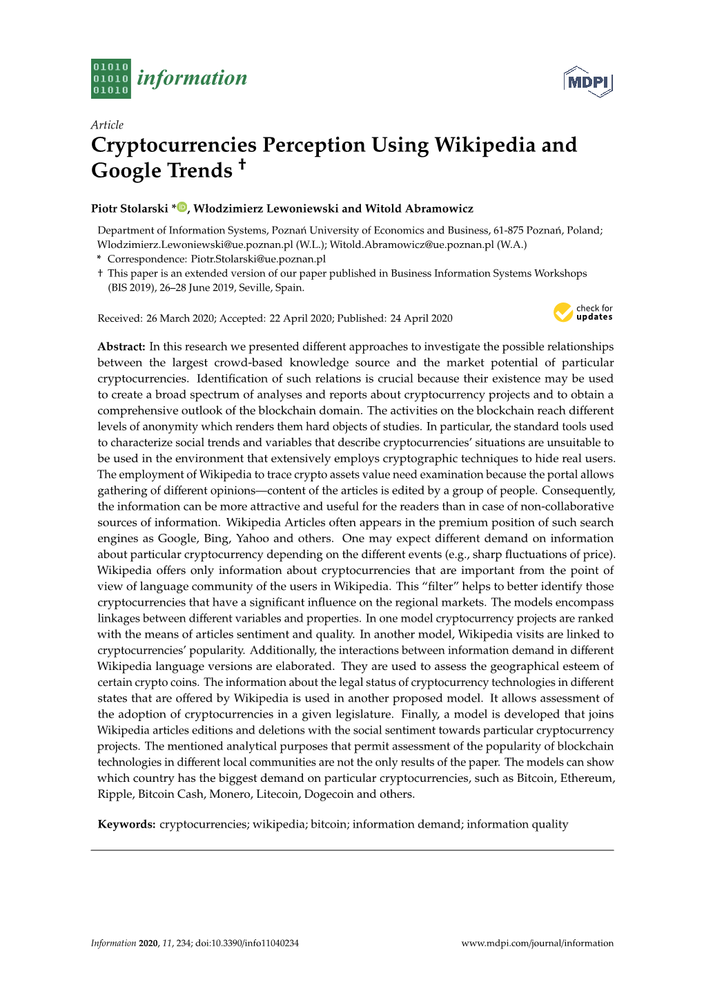 Cryptocurrencies Perception Using Wikipedia and Google Trends