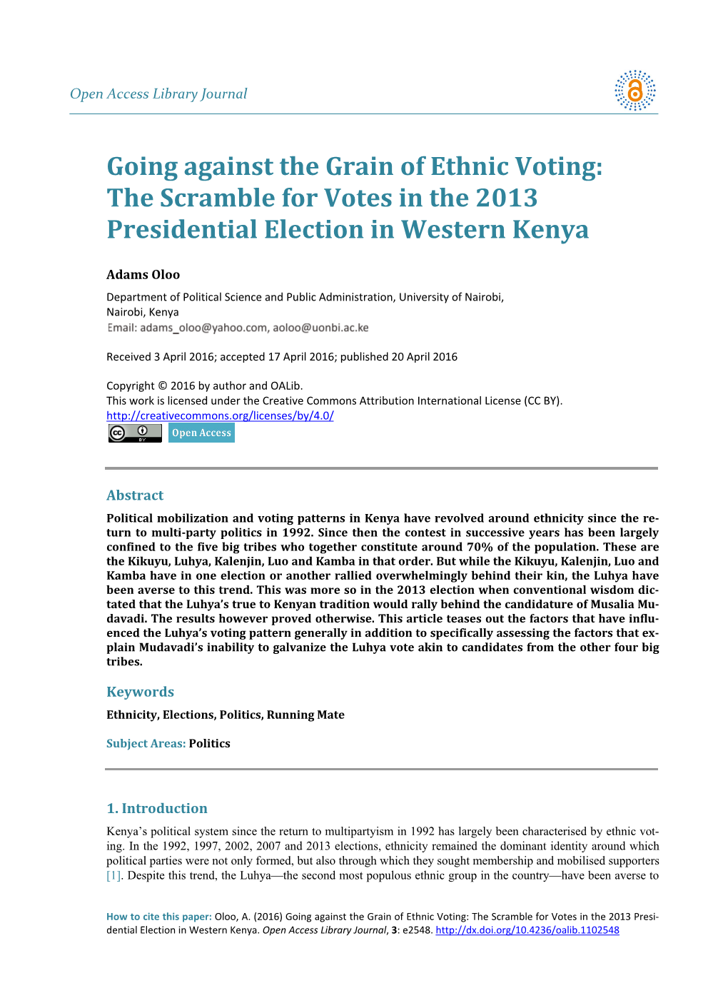 The Scramble for Votes in the 2013 Presidential Election in Western Kenya